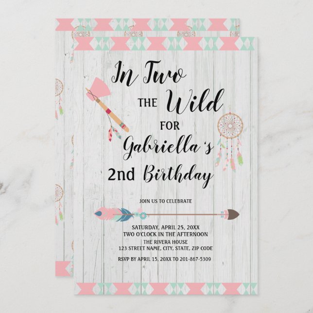 Convite Boho rústico tribal em DOIS o segundo aniversário (Frente/Verso)