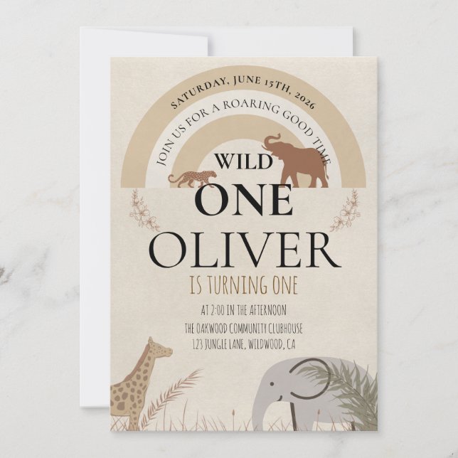 Convite Boho Safari Arco-íris Selvagem Primeiro Aniversári (Frente)