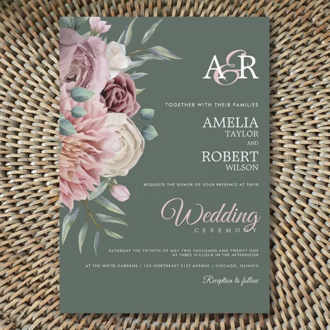 Convite Boho Sage Dusty Rosa Watercolor Casamento Floral (Criador carregado)