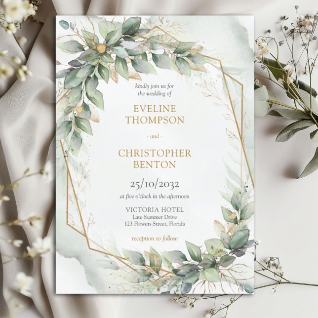 Convite Boho Sage eucalyptus deixa o casamento da relva do (Boho Eucalyptus greenery branches faux gold frame wedding invitation template)