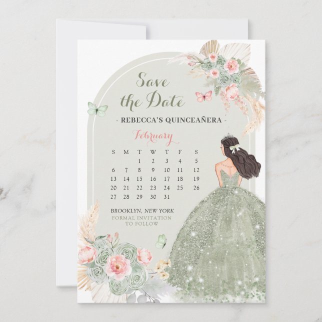Convite Boho Sage Green 15 Años Salve O Calendário De Data (Frente)