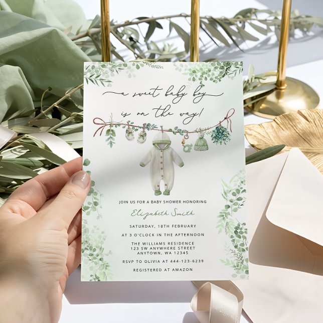 Convite Boho Sage Green Baby Boy Chá de fraldas (Criador carregado)