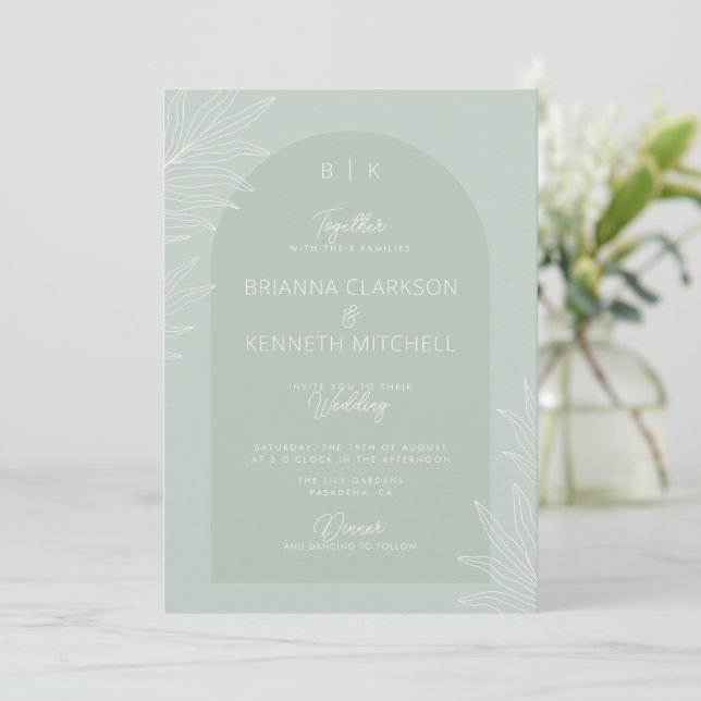 Convite Boho Sage Green com Arch Photo Wedding (Em pé/Frente)