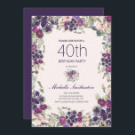 Convite Boho Sage Green deixa púrpura rosa cor-de-rosa 40º<br><div class="desc">Belo convite de festas de aniversário de 40 anos estilo "boho" para mulheres com lindíssimas flores roxas e cor-de-água rosa e folhas verdes sábias sobre fundo rosa macio.</div>
