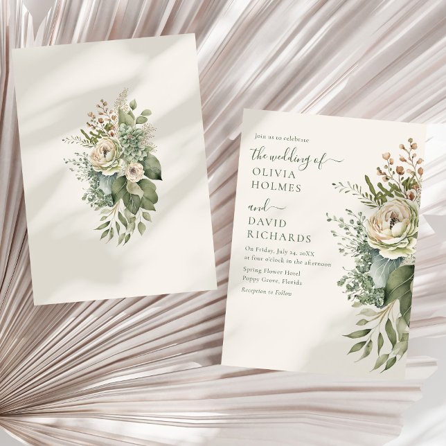 Convite Boho Sage Green e Ivory Widlflower Casamento (Boho Sage Green and Ivory Widlflowers Wedding Invitation on a sunny white dry palm leaf.)