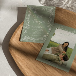Convite Boho Sage Green Floral Botanical Photo Wedding