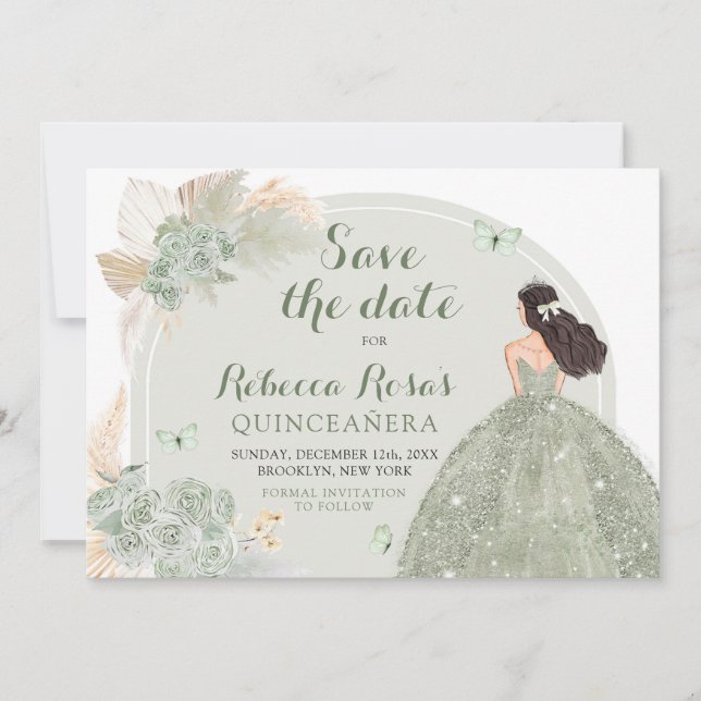 Convite Boho Sage Green Floral Quinceañera Salve A Data (Frente)