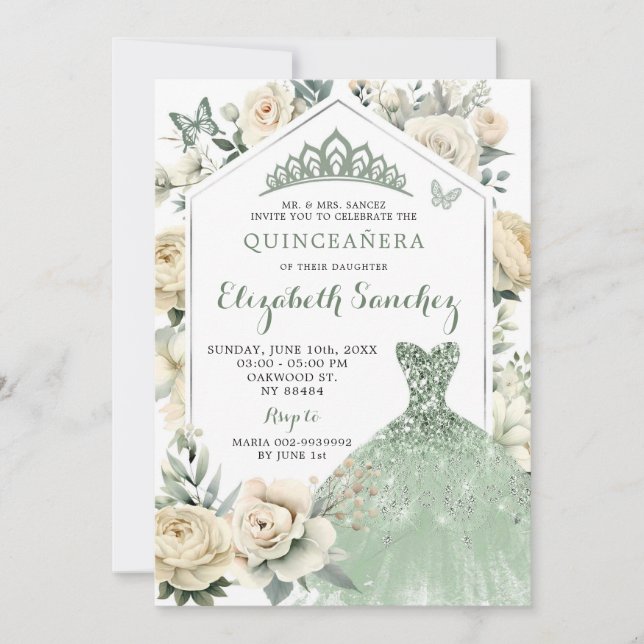 Convite Boho Sage Green Ivory Quinceañera Royale (Frente)