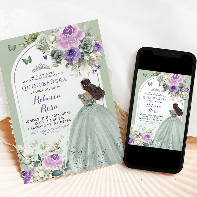 Convite Boho Sage Green Lavanda Floral Quinceañera (Criador carregado)