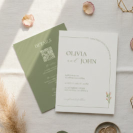 Convite Boho Sage Green & Linen Minimalist w Details & QR 