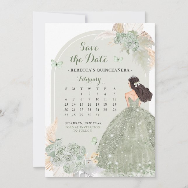 Convite Boho Sage Green Mis Quince Salvar O Calendário De  (Frente)