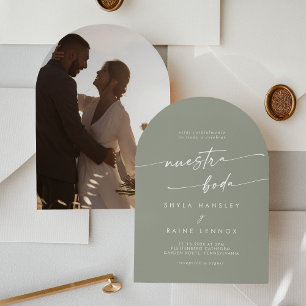 Convite Boho Sage Green Photo Arch Casamento espanhol