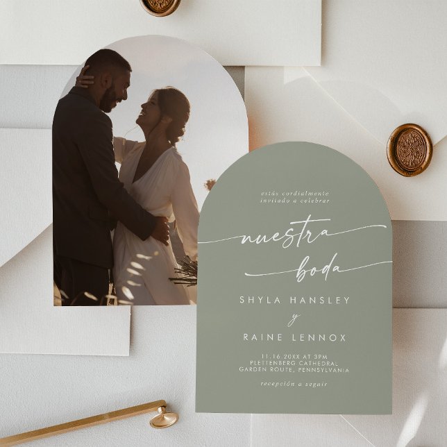 Convite Boho Sage Green Photo Arch Casamento espanhol (Criador carregado)