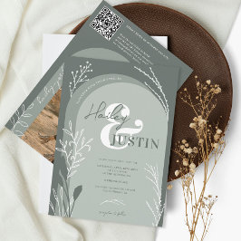 Convite Boho sage green photonames script arco casamento
