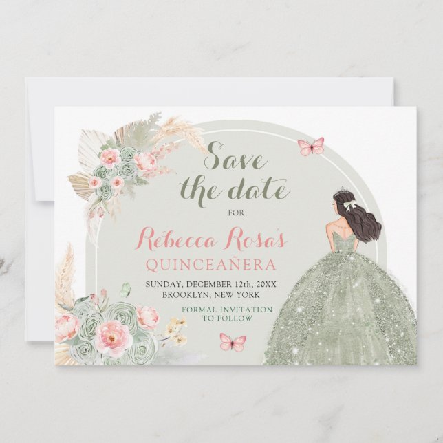 Convite Boho Sage Green Pink Quinceañera Salve A Data (Frente)
