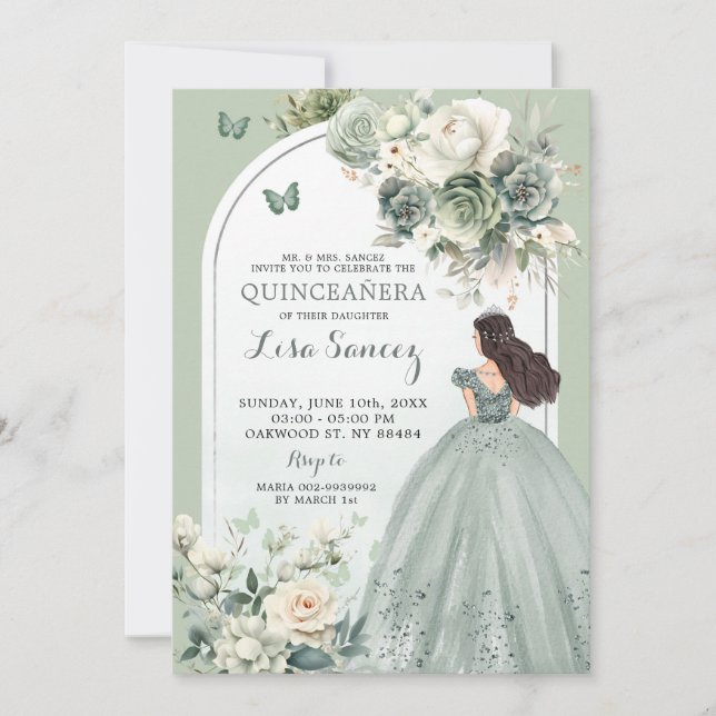 Convite Boho Sage Green Princess Butterfly Quinceañera (Frente)