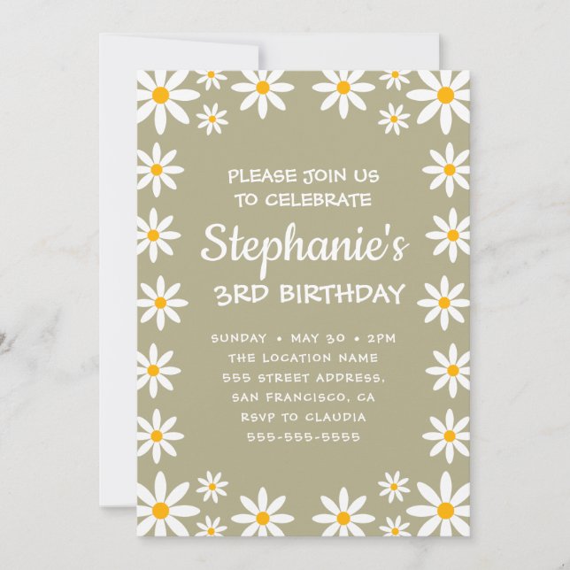Convite Boho Sage Green Retro Daisies Birthay Party (Frente)