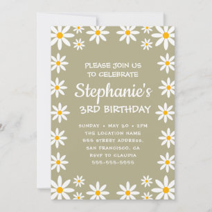 Convite Boho Sage Green Retro Daisies Birthay Party
