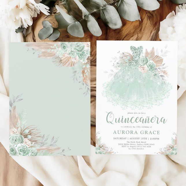 Convite Boho Sage Green Silver Quinceañera Princesa Vestid (Criador carregado)