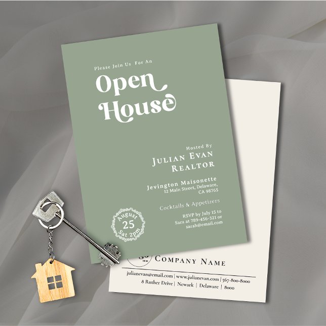 Convite Boho Sage Green Typografia Business Open House (Property Photo Background Typography Open House Invitation)