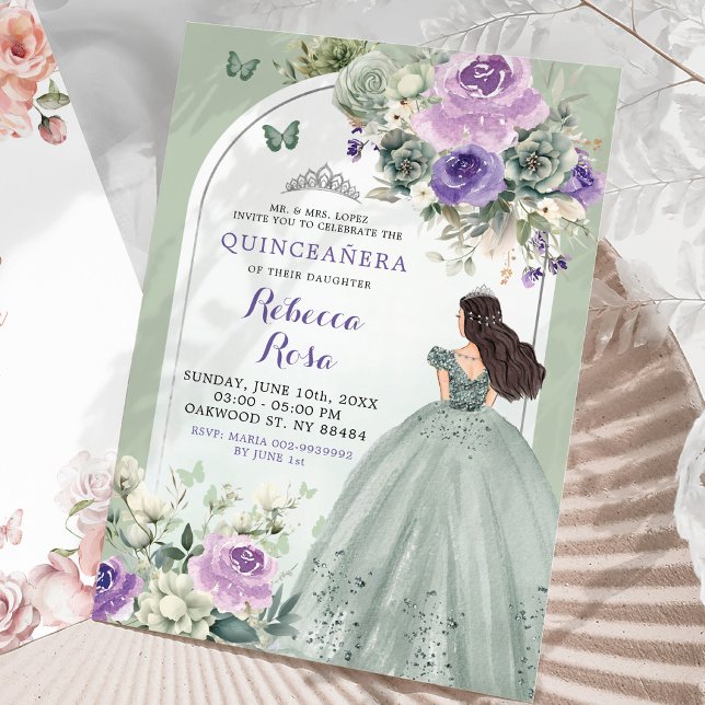 Convite Boho Sage Lavanda Floral Princesa Quinceañera (Criador carregado)
