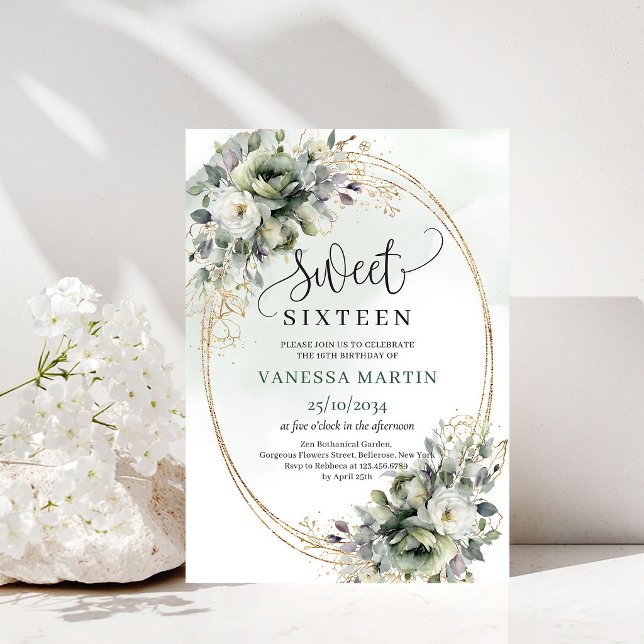 Convite Boho Sage Verde Eucalipto para Sweet Sixte (Sage Green Eucalyptus Sweet Sixteen Boho Invite)