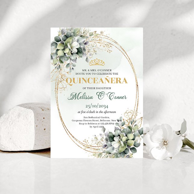 Convite Boho Sage Verde Eucalipto Quinceañera (Sage Green Eucalyptus Quinceañera Boho Invite)