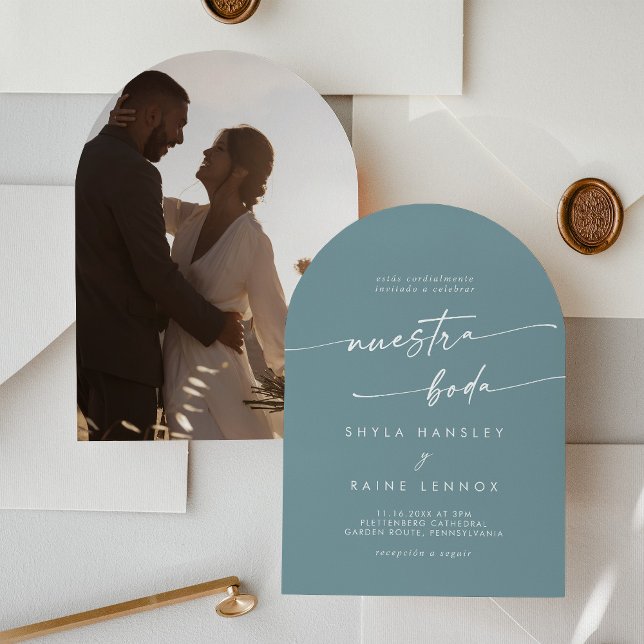 Convite Boho Seafoam Teal Photo Arch Casamento espanhol (Criador carregado)