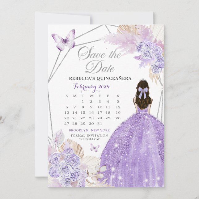 Convite Boho Silver Lilac 15 Años Salve O Calendário De Da (Frente)