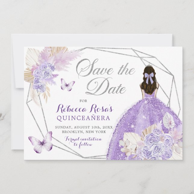Convite Boho Silver Lilac Floral Quinceañera Salvar A Data (Frente)