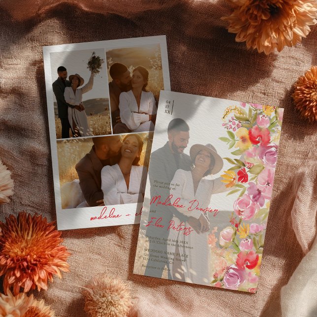 Convite Boho-silvestre Elegante 4 casamento fotográfico (Elegant botanical boho wildflowers 4 photo wedding invitation)