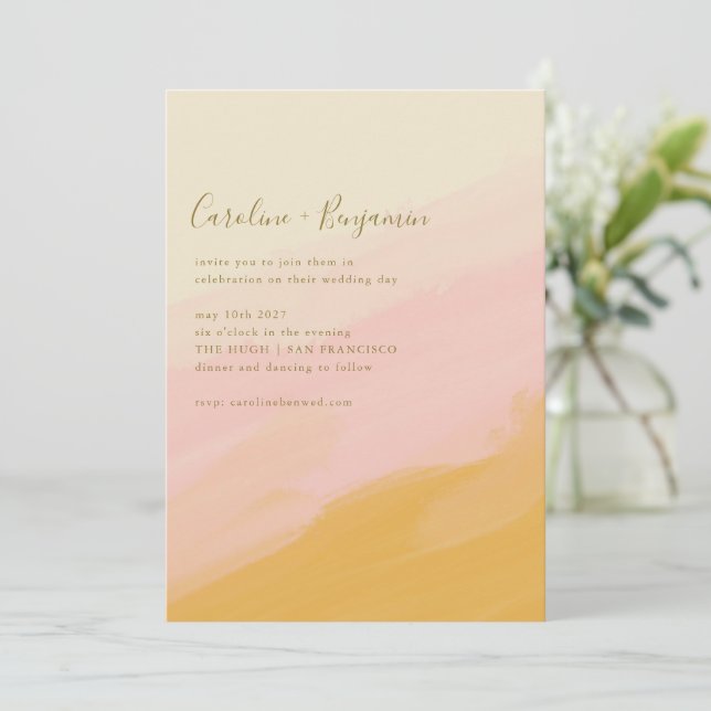 Convite Boho Simple Watercolor Pink Yellow Script Casament (Em pé/Frente)