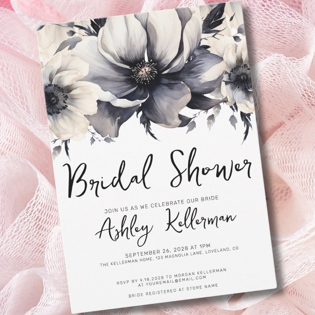 Convite Boho Simples Chá de Noiva Floral Moderno (Boho Elegant Floral Black White Bridal Shower Invitation)