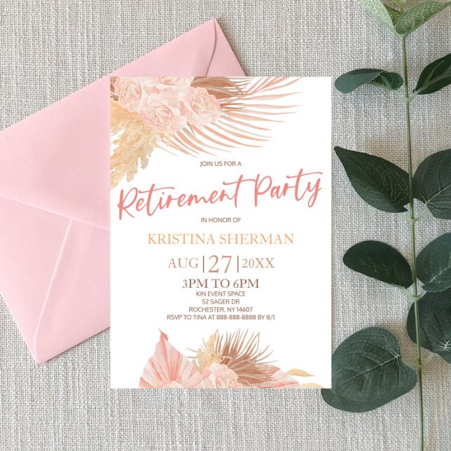 Convite Boho Soft Pink Floral Flower Retirement Party (Criador carregado)