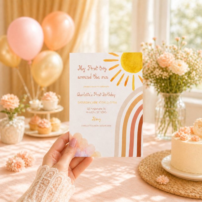 Convite Boho Sol Primeira Viagem de Aniversário ao redor d (Criador carregado)