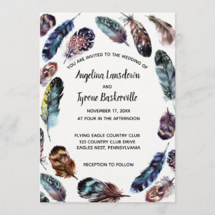 Convite Boho Style Watercolor Penas Casamento Personalizad