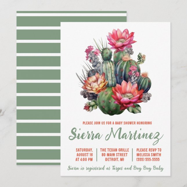 Convite Boho Succulent, Cactus, Western, Chá de fraldas (Frente/Verso)