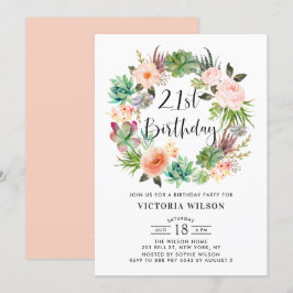 Convite Boho Succulents Floral Wreath aniversário de 21 an