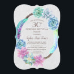 Convite Boho Succultus Wreath aniversário de 30 anos<br><div class="desc">Design moderno,  rústico,  com uma corante aquosa suculenta,  com penas coloridas e fontes manuscritas,  sobre fundo branco texturizado. Use a ferramenta Personalizar para adicionar suas informações. Para itens correspondentes,  por favor,  visite a minha coleção de casamentos do Succulent Cactus Wreath.</div>