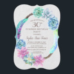Convite Boho Succultus Wreath aniversário de 30 anos<br><div class="desc">Design moderno,  rústico,  com uma corante aquosa suculenta,  com penas coloridas e fontes manuscritas,  sobre fundo branco texturizado. Use a ferramenta Personalizar para adicionar suas informações. Para itens correspondentes,  por favor,  visite a minha coleção de casamentos do Succulent Cactus Wreath.</div>