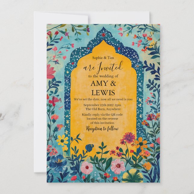 Convite Boho Summer Blue Floral Wedding Invitation (Frente)