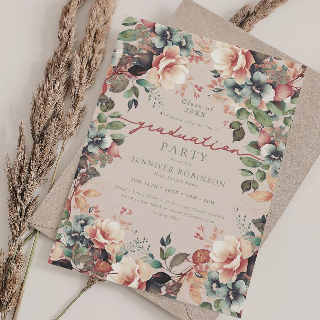 Convite Boho Summer Floral Festa de formatura Champanhe (Boho Summer Floral Graduation Party Champagne Invitation)