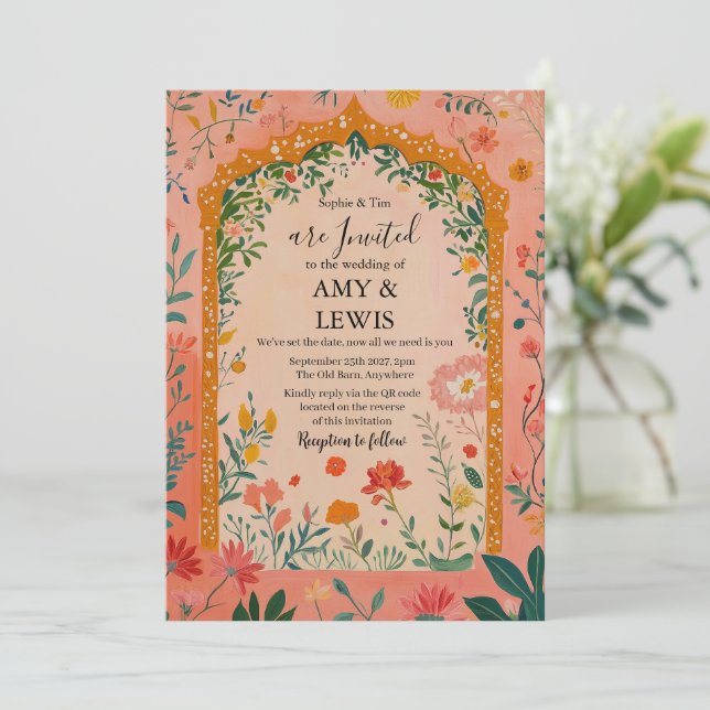 Convite Boho Summer Pink Floral Wedding Invitation (Em pé/Frente)