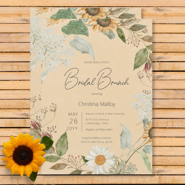 Convite Boho Summer Sunflower & Daisy Dourado Bridal Brunc (Boho Summer Sunflower & Daisy Gold Bridal Brunch Invitation)