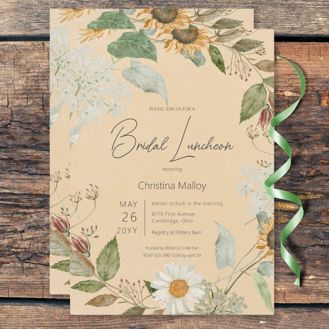 Convite Boho Summer Sunflower & Daisy Dourado Bridal Lunch (Boho Summer Sunflower & Daisy Gold Bridal Luncheon Invitation)