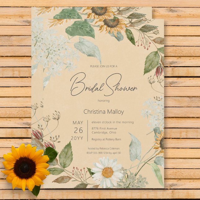 Convite Boho Summer Sunflower & Daisy Dourado Chá de panel (Boho Summer Sunflower & Daisy Gold Bridal Shower Invitation)
