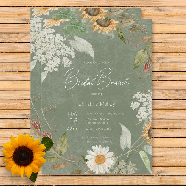 Convite Boho Summer Sunflower & Daisy Green Bridal Brunch (Boho Summer Sunflower & Daisy Green Bridal Brunch Invitation)