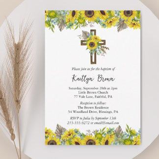 Convite Boho Sunflower and Rustic Wooden Cross Baptism