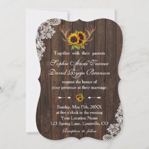 Convite Boho Sunflower Antlers Casamento de Wood Lace