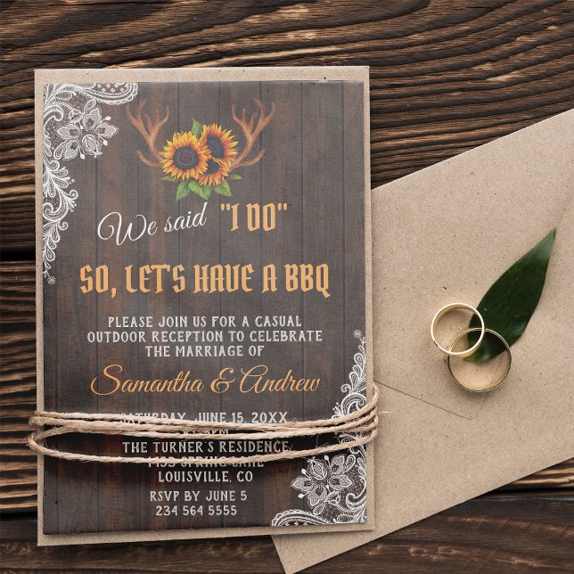 Convite Boho Sunflower Antlers Casamento Eu Faço CHURRASCO (We said I DO after wedding party, rustic, trendy wedding invitation)